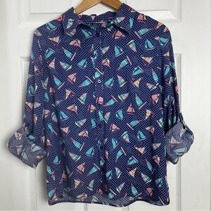 Talbots Petite Nautical Sailboat Polka Dot Button Down Blouse MP 100% Cotton